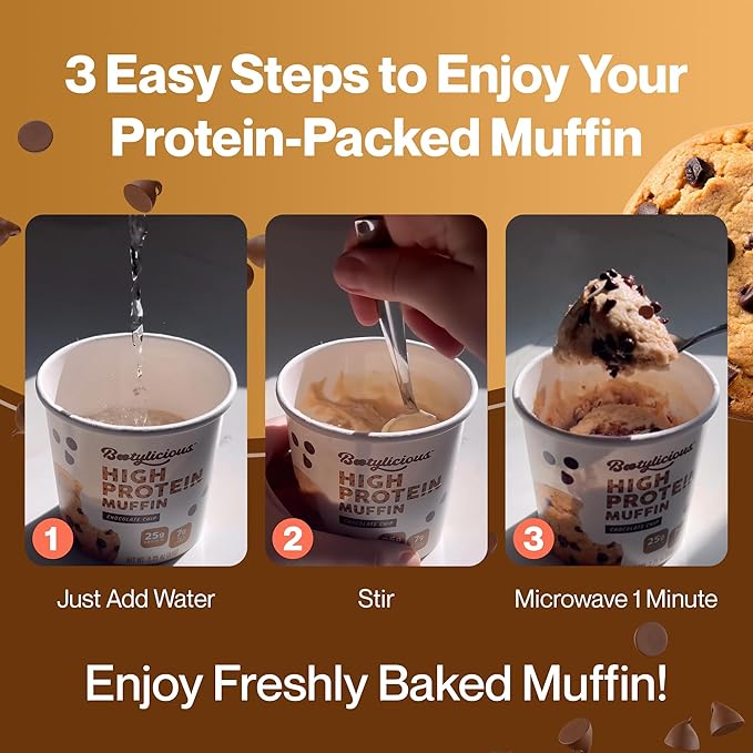 Bootylicious | 25g Protein Muffin | Chocolate Chip | Low Carb 16g Fiber Low Glycimic Index Low Sugar 2.39oz Cup 12-Pack