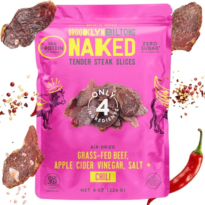Brooklyn Biltong Air Dried Grass Fed Beef Snack South African Beef Jerky (8 oz Pack of 1) - Whole30 Approved Paleo Keto Gluten Free Sugar Free Made in USA - (Naked Chili)