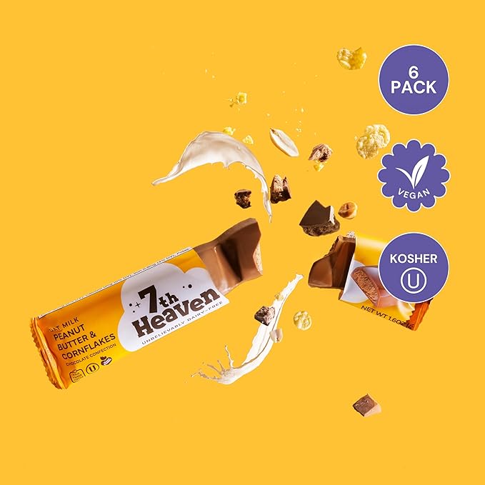 7th Heaven Vegan Oat Milk Chocolate Snack Bars: Peanut Butter &amp Cornflakes - (1.6 oz - 6 Pack) Healthy Chocolate Perfect Valentines Gift For Your Loved Ones 100% Dairy Free Non GMO Kosher Pa