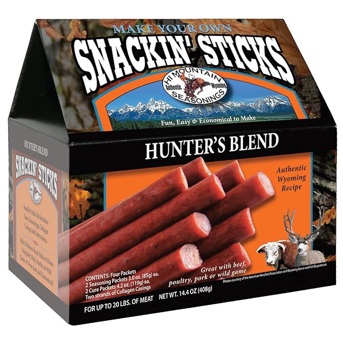 Hi Mountain Seasonings ǀ Snack Stick Seasoning Kit ǀ HUNTERS BLEND ǀ Includes Seasoning Cure Casings &amp Directions ǀ Seasons up to 20 lbs of Meat ǀ Beef Pork Venison Deer &amp Wild Game