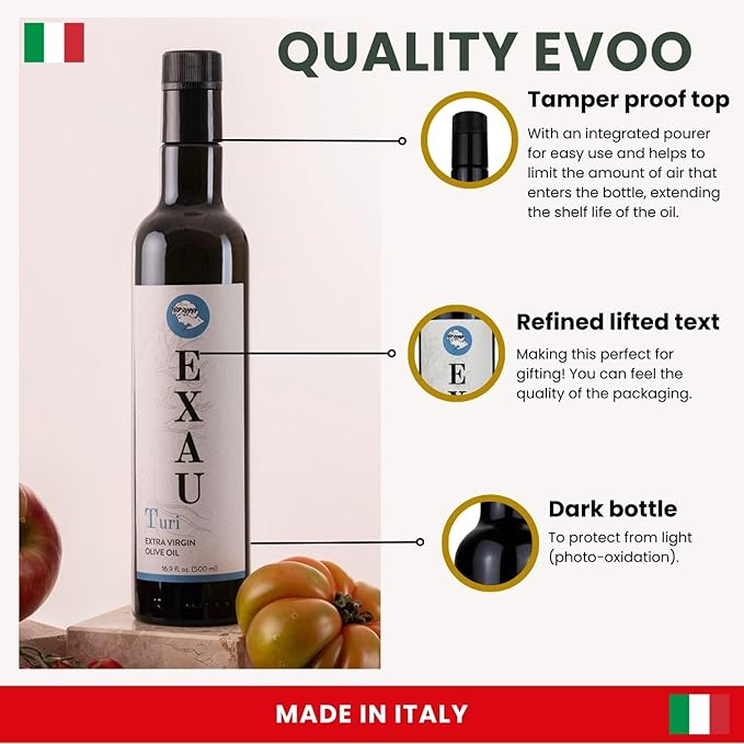 EXAU Italian Extra Virgin Olive Oil - Turi 993 mg/kg Polyphenol Rich Olive Oil Early Harvest 100% Pure Cold Pressed Italian Olive Oil From Italy Use for Drinking and Finishing 16.9 fl oz (500ml)