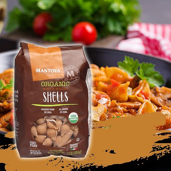 Mantova Italian Organic Whole Wheat Pasta Shell 1-Pound Bags (Pack of 12) made from durum wheat that has become synonymous with flavor quality goodness nutritional value.