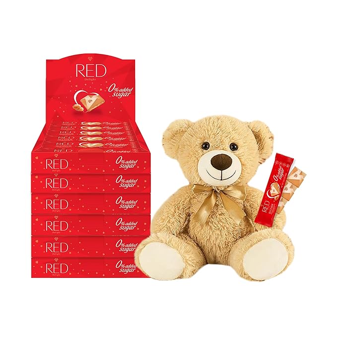 RED Delight®™ Blonde Caramelized White Chocolate 12 Count Box of Grab N Go Travel Size Bars (0.92 Ounces Each) with 14 Plush Teddy Bear (6 Boxes - Total of 72 Bars + 14 Plush Teddy Bear)