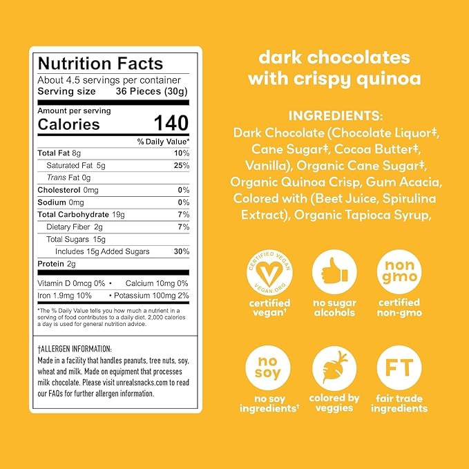 Unreal Dark Chocolate with Crispy Quinoa Zero Sugar Alcohols Non-GMO 5 Oz (Pack of 3)