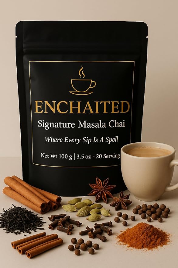 ENCHAITED Authentic Masala Chai Loose Leaf Tea - 100g | Bold Coffee Alternative for Morning Energy | Makes 20-40 Cups | Premium Assam Black Tea with 7 Real Indian Spices | Traditional Masala Chai Blen