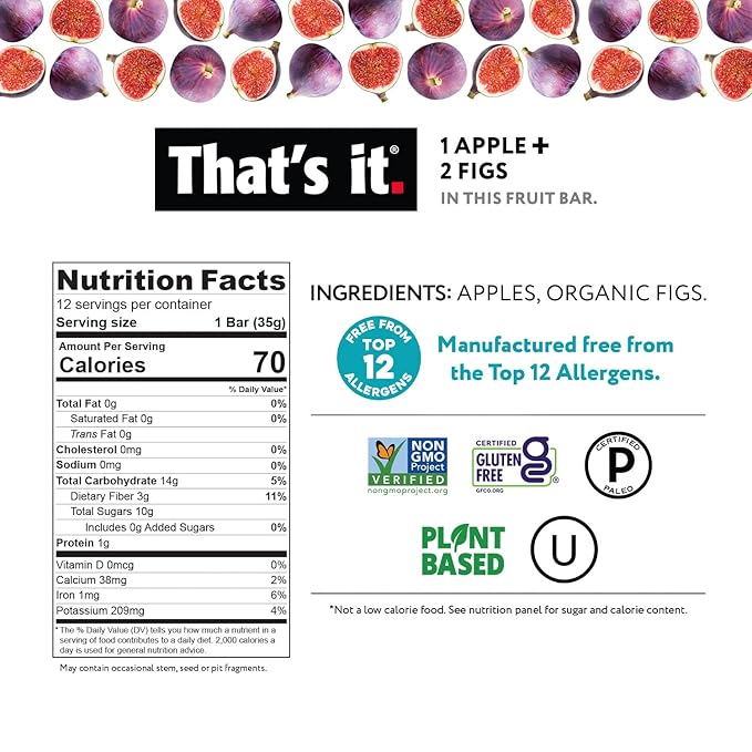 That's it. Apple + Fig Fruit Bars 100% All Natural No Artificial Ingredients or Preservatives Delicious Healthy Snack for Children &amp Adults Vegan Gluten Free Paleo Kosher Non GMO (12 Pack)
