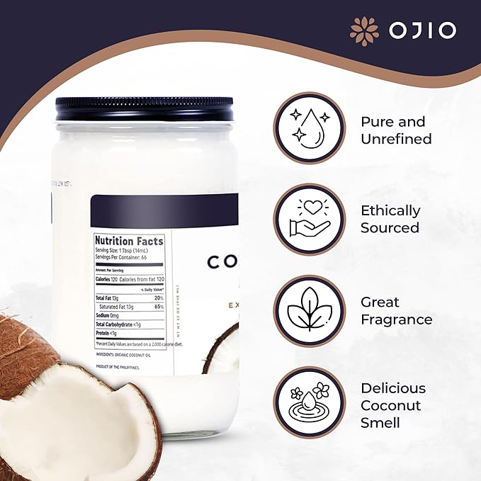 Ojio Virgin Coconut Oil – Unrefined Cold Pressed Extra Virgin Coconut Oil for Cooking Baking Skin &amp Hair Care – Gluten-Free Low-carb Keto &amp Paleo Friendly – 32 Fl Oz (Pack of 2)