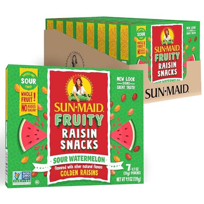 Sun-Maid Sour Watermelon Fruity Raisin Snacks - (56 Pack) 0.7 oz Pouches - Sour Watermelon Raisins - Dried Fruit Snack for Lunches and Snacks