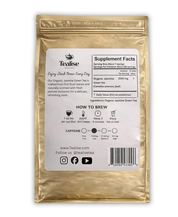 Organic Jasmine Green Tea Loose Leaf Whole Leaf USDA Organic Smooth Floral Aroma Antioxidant Rich Green Tea 1 lb (456g) About 228 Servings by Tealise