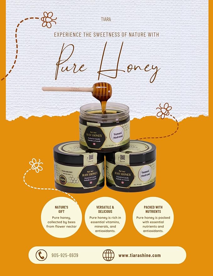TIARA Yemeni Hadrami Honey – 100% Raw Pure &amp Natural CFIA Certified Unpasteurized Packed in Canada Premium Quality – 14 Fl Oz 400g + Free Honey Dipper Gift