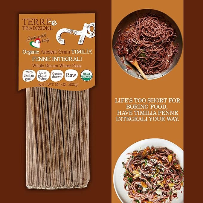 Terre e Tradizioni 3 PACKS ORGANIC ITALIAN WHOLE DURUM WHEAT SPAGHETTI PASTA – Sicilian Ancient Grain Timilia Vegan Pasta. LOW-GLUTEN INDEX Farm Fresh Pasta imported from Sicily Italy