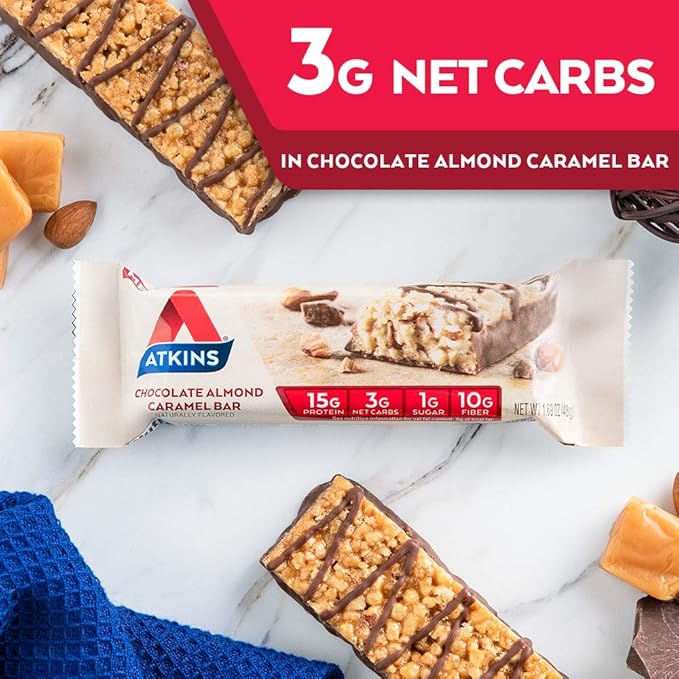 Atkins Chocolate Almond Caramel Protein Meal Bar High Fiber 15g Protein 1g Sugar 3g Net Carbs Meal Replacement Keto Friendly 8 Count