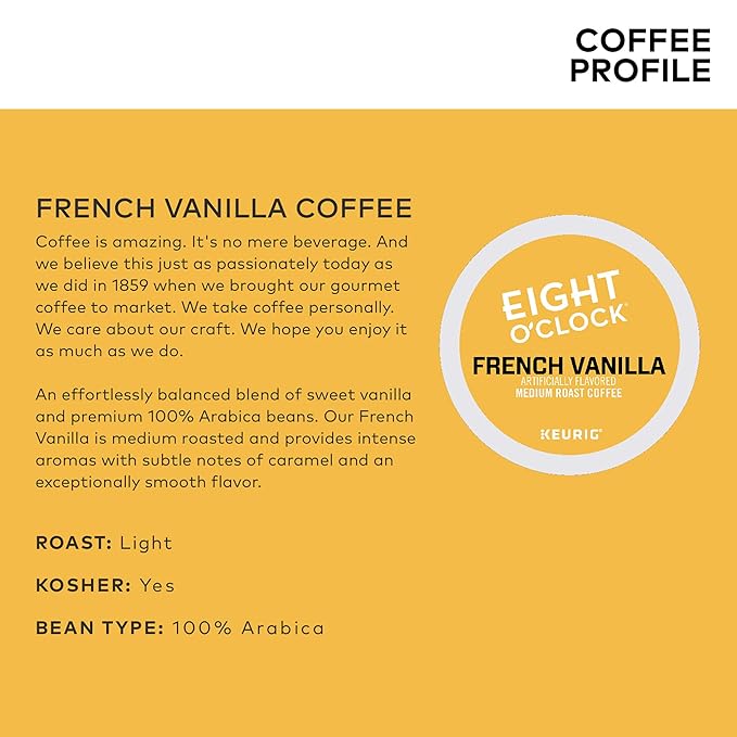 Eight O'Clock Coffee French Vanilla Single-Serve Keurig K-Cup Pods Flavored Light Roast Coffee 48 Count