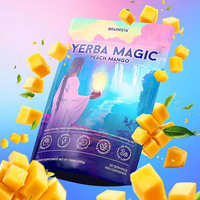 Yerba Magic Yerba Mate Powder Packets - Instant Clean Energy &amp Focus Drink Mix for Gut Health - Nootropic Blend with Lion’s Mane L-Theanine Prebiotics &amp Probiotics - Low Sugar Natural Caffei