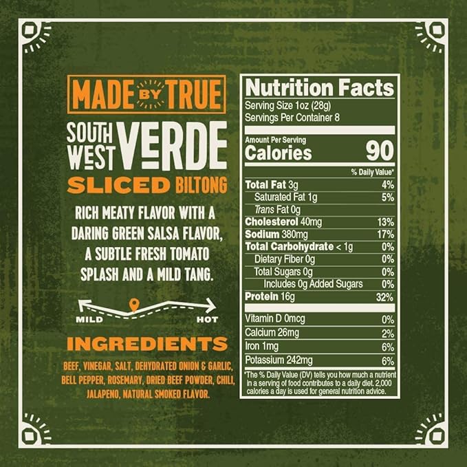 Made by True Beef Sliced Bites Southwest Verde (8 Ounce Pack of 1) - All Natural Zero-Sugar True Jerky Biltong - High Protein Keto Paleo &amp Whole 30 Diet - Sugar-Free Gluten-Free Carb-Free