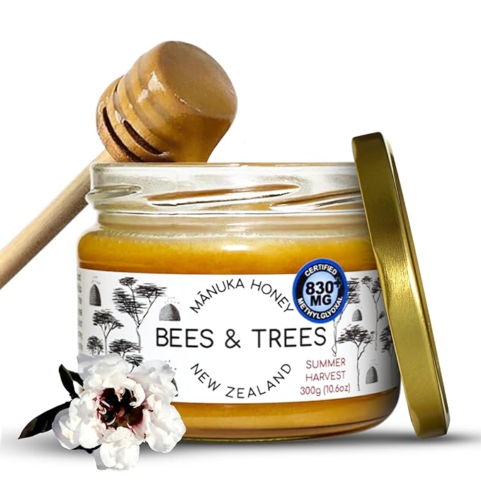 Bees &amp Trees Manuka Honey 830+ MGO - Raw Pure New Zealand Monofloral Honey – Unpasteurized &amp Natural Unfiltered Manuka for Tea Coffee Dressings Smoothies &amp Daily Use – Glass Jar 300g (