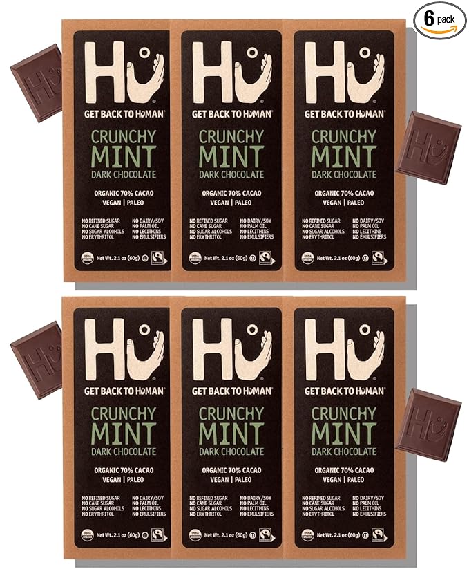 Hu Chocolate Bars | 6 Pack Crunchy Mint Chocolate | Natural Organic Vegan Gluten Free Paleo Non GMO Fair Trade Dark Chocolate | 2.1oz Each