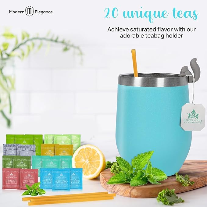 Tea Gift Set with Kettle – 26 -Piece Sampler for Women &amp Men Insulated Mug Assorted Organic Hrny &amp Sons Teas Pure Honey &amp Accessories (Teal+Kettle - Hrny)