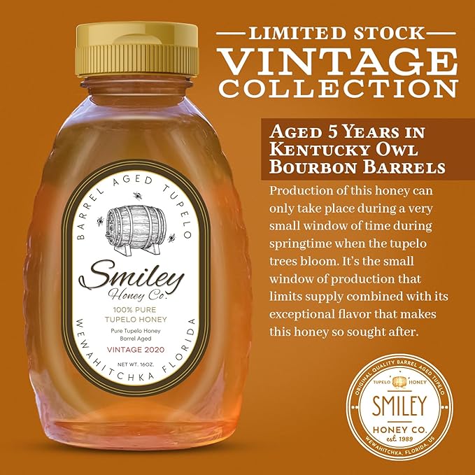 Smiley Honey Barrel Aged Tupelo Honey Vintage 2020 Aged 5 Years in Kentucky Owl Bourbon Barrels Exclusive Run (16oz Barrel Aged Tupelo Honey)