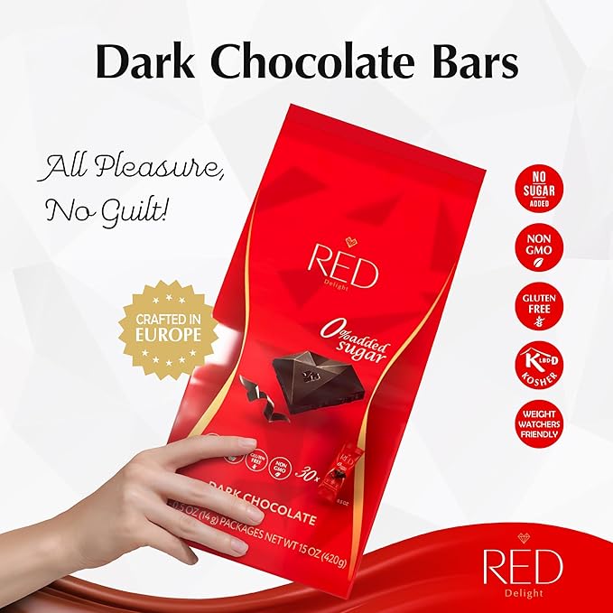 Red Delight Snack Size Dark Chocolate Bars - Pack of 2 30oz (With 60 Diamond-Shaped Dark Chocolates) - Low Carb Kosher No Added Sugar Gluten-Free - Smooth European-Style Healthy Birthday Treat