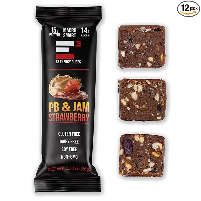 E3 Energy Cubes- PB &amp Jam Strawberry Refrigerated Protein Bars | Gluten Free Dairy Free Soy Free Healthy Non-GMO Macro Smart Prebiotic Fiber | Healthy Snack Bars | Made in USA Pack of 12