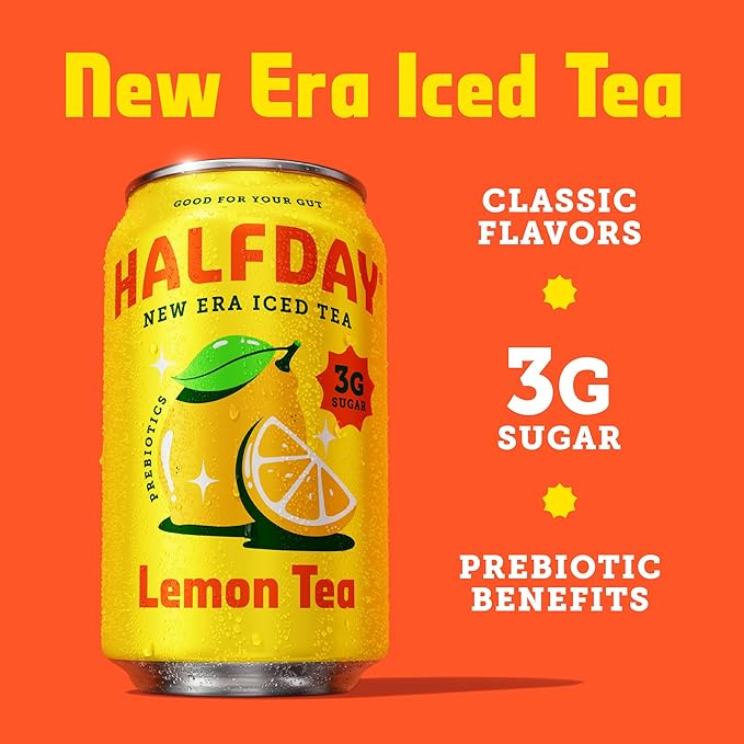 HALFDAY Prebiotic Iced Tea Peach &amp Lemon Variety Pack Supports Digestive &amp Gut Health 6g Plant Fiber &amp Prebiotics 3g of Sugar 35 Calories Real Brewed Tea Natural Caffeine 12 fl oz (