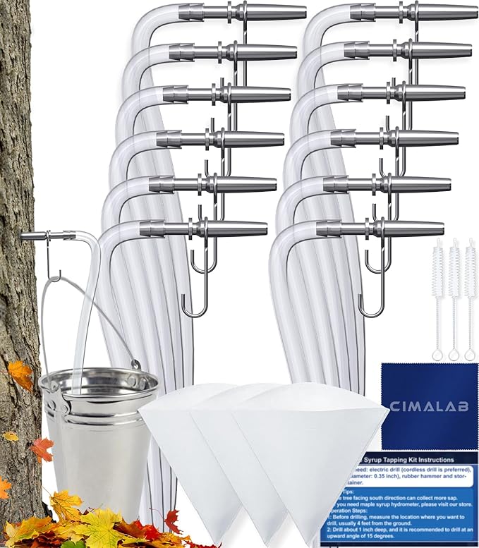 CIMALAB Maple Syrup Tapping Kit (12 Set) Maple Tree Tapping Kit Include 12 Stainless Steel Maple Syrup Taps 12 Maple Syrup Tube 3 Maple Sap Filters Maple Tree Taps for Maple Syrup Making Supplies