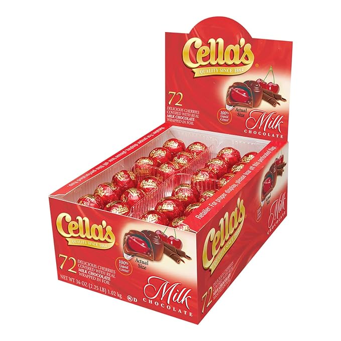 Cella's Milk Chocolate Covered Cherries – Premium Cherry Cordial Candies – Individually Wrapped with Display Box - Peanut Free Gluten Free – 72 Count 2.25 Pounds (Pack of 1)