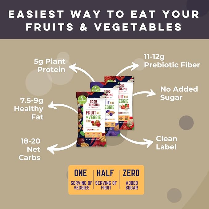 Good Thinking Foods Fruit &amp Veggie Bars - Variety Pack | Mediterranean Diet Snack Vegan Organic Fruit Real Vegetables High Fiber (12g) Healthy Fats Antioxidants No Added Sugar Great Tastin