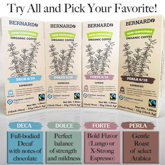 Bernardo Deka/Decaffeinated USDA Organic Espresso Capsules Compatible with Nespresso Original Line Biodegradable and Home Compostable Pods. (10 Pack 100 pods)