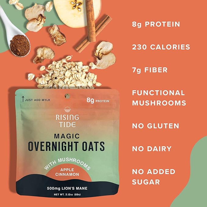 Mushroom Overnight Oats (6 Pack) Superfood Lions Mane Mushroom Chia &amp Flax Seed - Organic Protein Oatmeal - High Fiber Vegan Gluten Free Low Sugar - Easy Prep Plant Protein - Apple Cinnamon