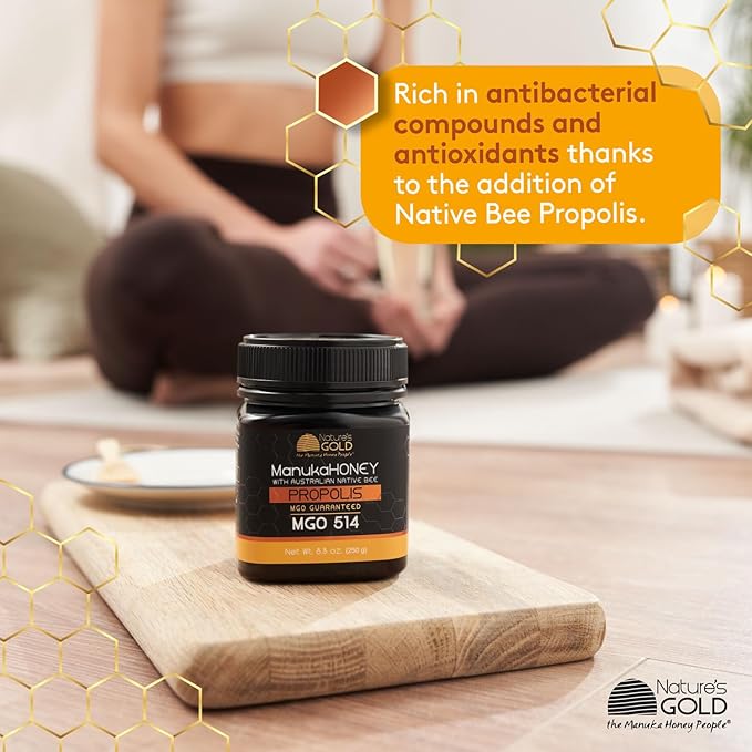 Nature’s Gold Raw Manuka Honey with Australian Native Bee Propolis MGO 514+ | 8.8oz (250g) 100% Pure Genuine Traceable Hive to Home