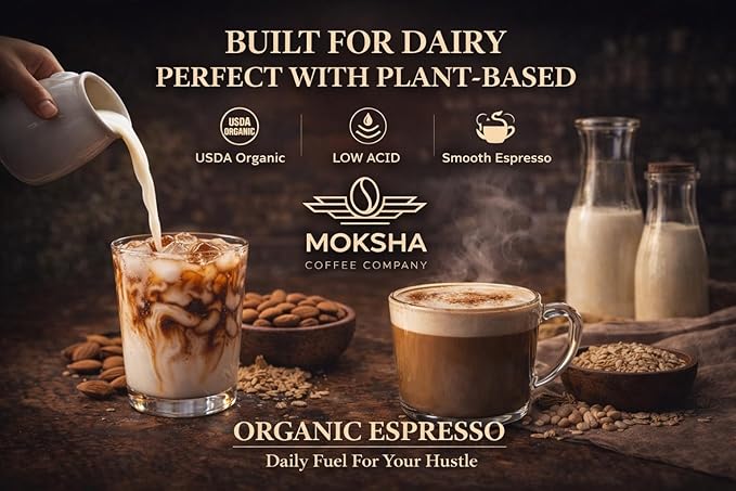 Moksha Organic Espresso Coffee Beans Low Acid Non-GMO Whole Coffee Beans. Medium Roasted to Perfection. Taste of Bakers Cocoa and Toffee. Easy Digestion - 12 OZ