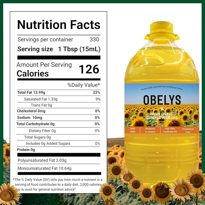 Obelys High Oleic Sunflower Oil | 1.3 Gallon Jug - Neutral Oil For Medium to High Heat Cooking Non-GMO Kosher Cholesterol Free | 5L / 169 Oz
