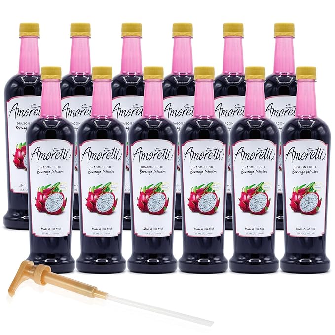 Amoretti - Dragon Fruit Beverage Infusion 94 Servings Per Bottle (750 ml) - Drink Mix &amp Water Enhancer with Pump for Flavoring Cocktails Waters Teas and other Beverages Preservative Free