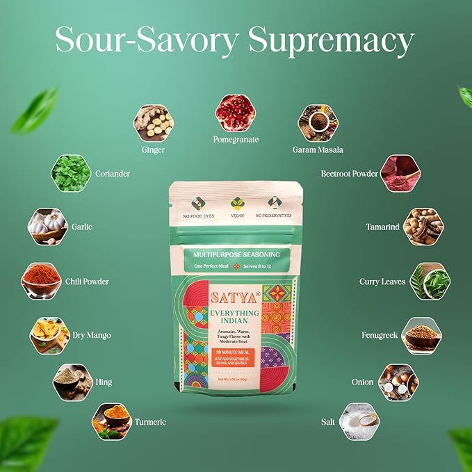 Satya Everything Indian Masala Mix Multipurpose Seasoning Powder– 1.05 oz Sachets (Pack of 5 – 150gm) Aromatic Indian Spices for Vegetables Beans &amp Lentils Vegan Gluten &amp Dye Free Low Sodiu
