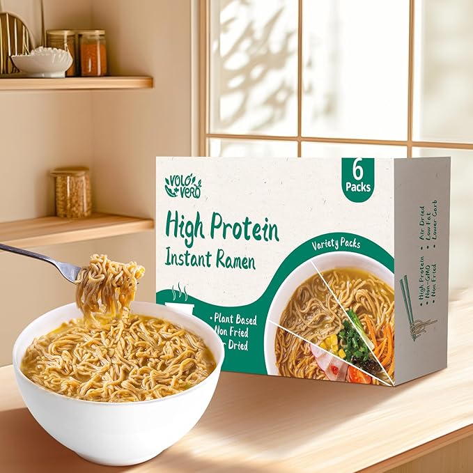 VOLO VERO High Protein (32g) Instant Ramen Soup Cup Variety Flavor (Chicken “Spicy” Beef Pork Tonkotsu) Plant-Based Non-Fried Low Fat Low Carb Quick Healthy Meal Holiday Gifts 6 Packs