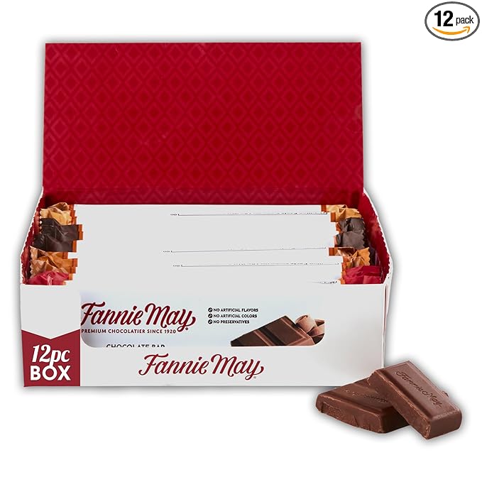 Fannie May 12 Chocolate Candy Bars Milk Chocolate Caramel Peanut Butter and Dark Chocolate Variety Pack 1.8 oz Each