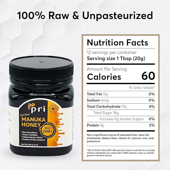 P.R.I Manuka Honey MGO 200+ Monofloral Raw New Zealand Honey Cool‑Processed &amp 100% Traceable (250g/8.8oz)