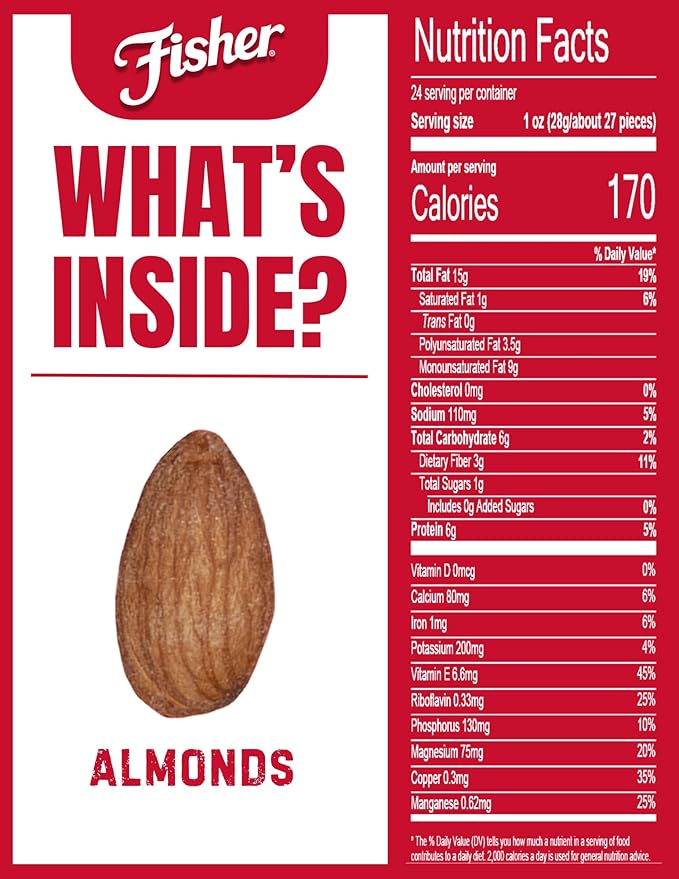 Fisher Oven Roasted Never Fried Almonds 24 Ounces (Pack of 1) Heart Healthy Snacks for Adults Made with Sea Salt No Added Oil Artificial Ingredients or Preservatives Gluten Free Vegan Protein