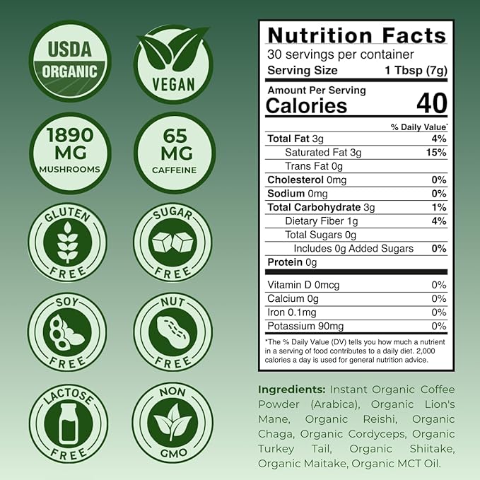 Kinoko USDA Organic Mushroom Coffee 30 Servings with MCT Oil Instant Creamy Coffee Mix with 7 Adaptogenic Mushrooms for Focus Energy &amp Wellness USA Grown