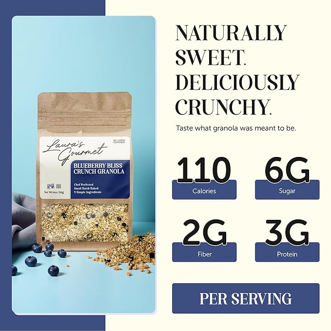 Laura's Gourmet Granola - BlueBerry Bliss Crunch - Gluten Soy &amp Dairy Free - Organic Agave Chewy Blueberries Citrus &amp Flax Vegan Artisan Chef's Trifecta of Taste Texture &amp Mouthfeel