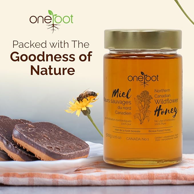 OneRoot Natural Wildflower Honey - 1.1 lbs / 500g Pure Canadian Boreal Forest - Unpasteurized Minimally Filtered &amp Single-Source - Rich in Enzymes &amp Antioxidants - Raw Liquid Honey