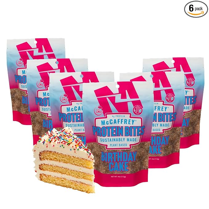 McCaffrey Protein Bites – Birthday Cake Flavor – 6 Multi-Serving 4oz Bags – 4g of Protein per Serving – Gluten-Free Vegan High Fiber Energy Snack for Active Families