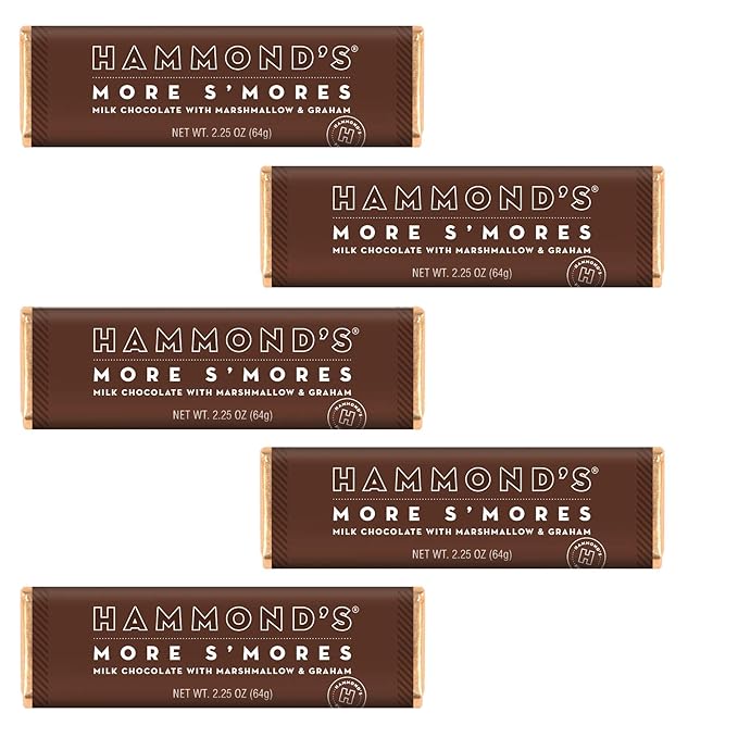 Hammond's Candies Gourmet Chocolate Candy Bars – More S'Mores | Sweet Milk Chocolate Marshmallow Graham Cracker Pieces Premium Ingredients Certified Kosher Handcrafted in the USA | Pack 5