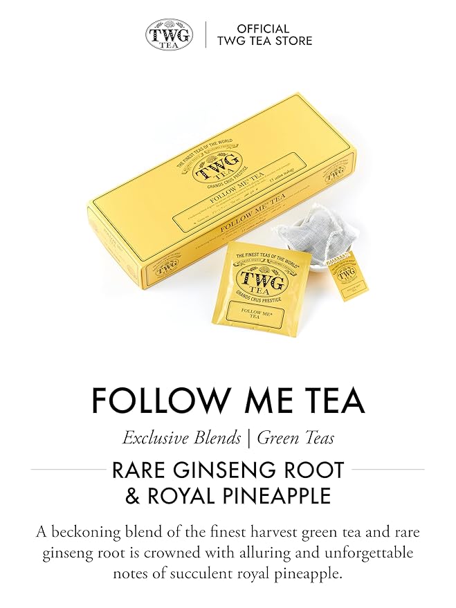TWG Tea | Follow Me Tea | Green Tea | Ginseng &amp Pineapple | 15 Hand Sewn Cotton Teabags | Gift Set