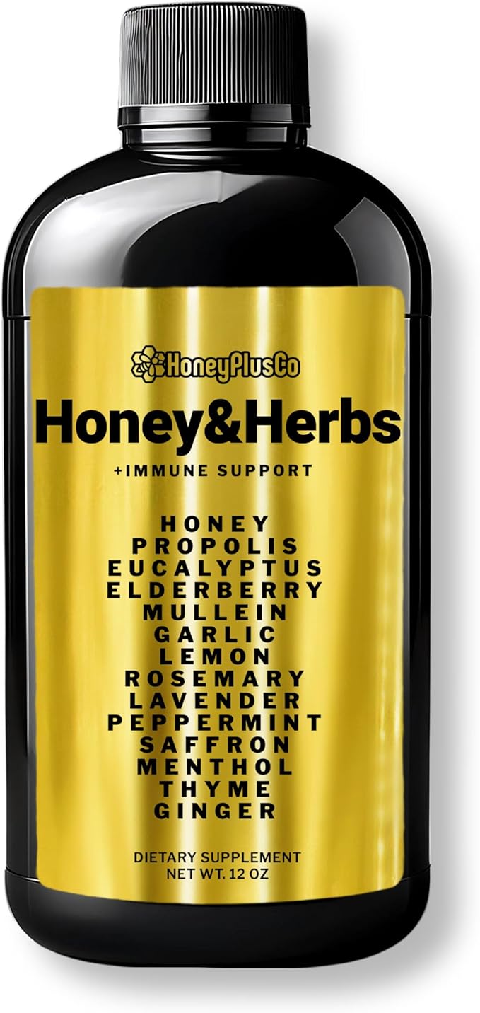 HoneyPlusCo | Honey&ampHerbs - Natural Honey Cough &amp Cold Relief +Immune Support - BroncoHoney (Reinforced with Propolis Garlic Lemon Mint Eucalyptus &amp More for Cough Cold Allergy) - 12