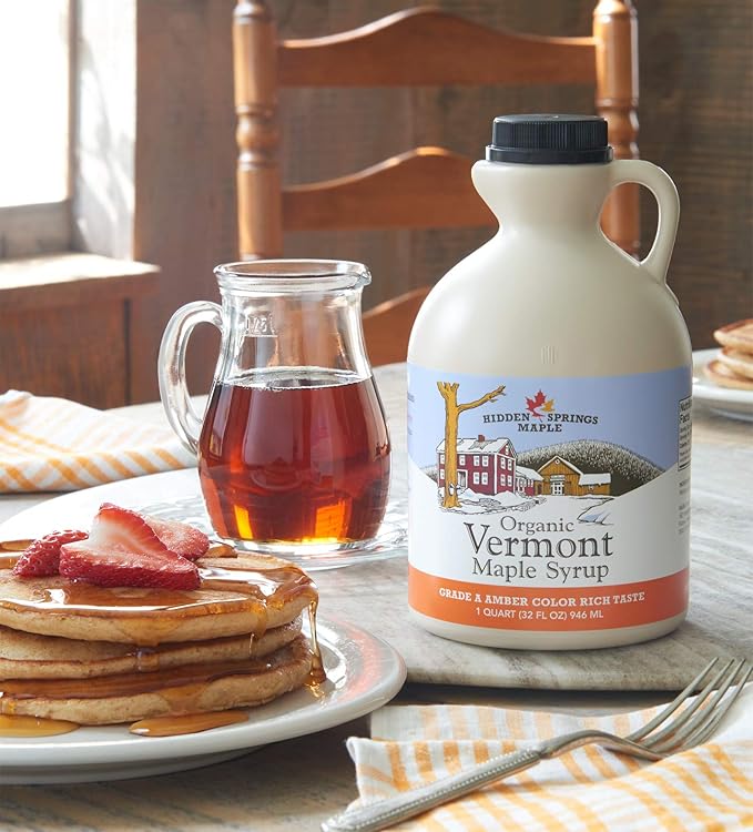 Hidden Springs Maple Organic Vermont Maple Syrup Grade A Amber Rich 32 Ounce 1 Quart Family Farms BPA-free Jug