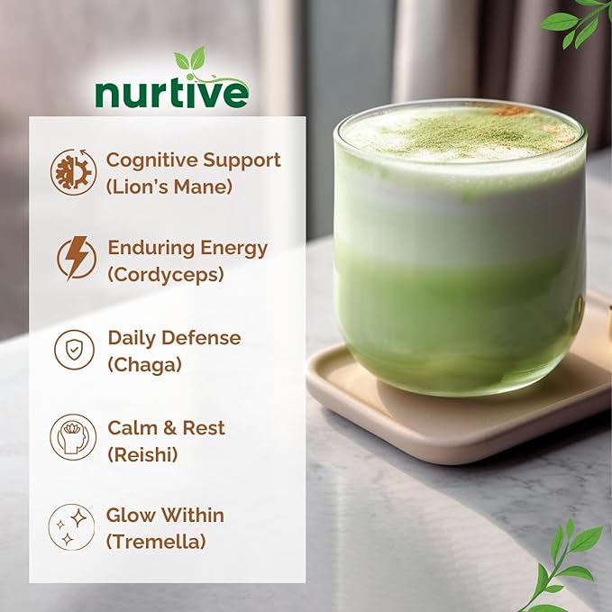 Nurtive Mushroom Matcha Powder - Harmonious Blend of Ceremonial Matcha and Adaptogenic Mushrooms Including Lion's Mane Reishi Cordyceps Chaga and Tremella (8oz / 227g)