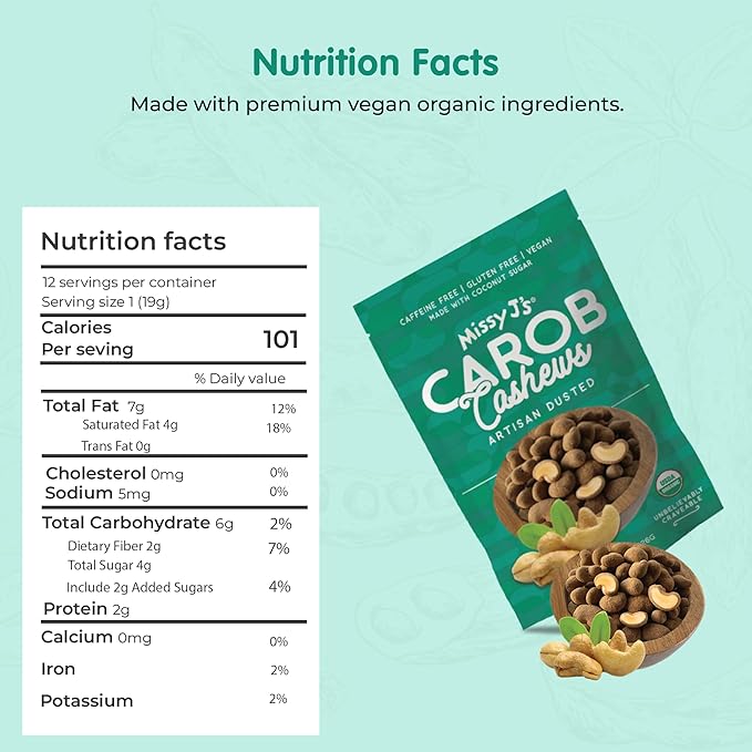 Missy J's Organic Carob Covered Cashews 8 Oz 3 Pack Vegan Gluten Free Substitute for Chocolate Perfect for Snacks and Treats